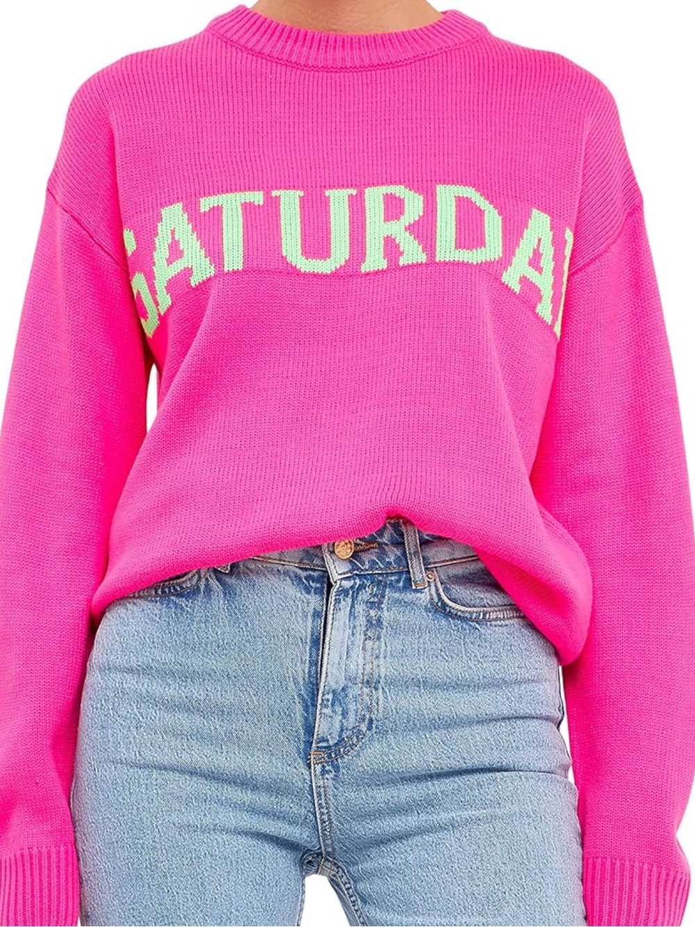 English Factory Hot Pink Crewneck Sweater with Lime Lettering
